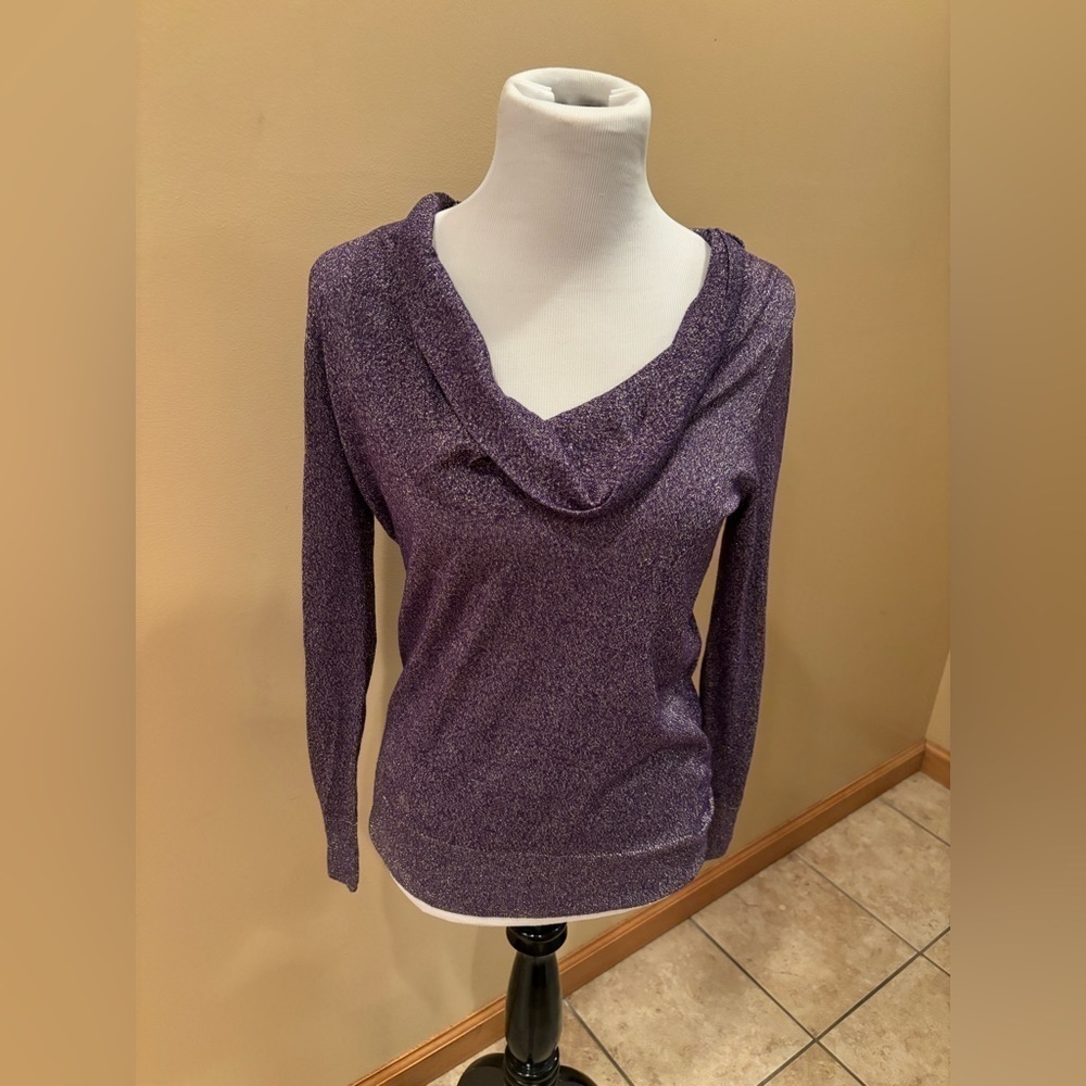 Dana Buchman Sparkle Purple Cowl-Neck Long Sleeve Top